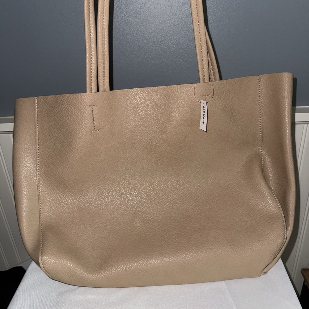 Old Navy Large Tan Pebbled Faux Leather Tote Shoulder Bag Handbag Everyday Purse